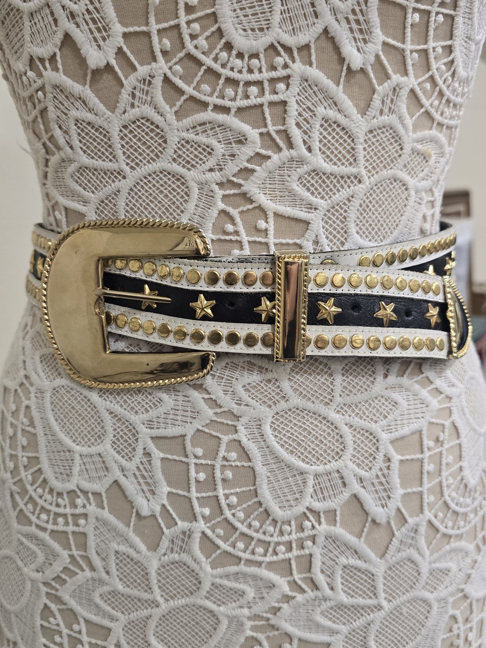 Gold-Accented Black & White Star Western 80's Rock & Roll Studded Belt